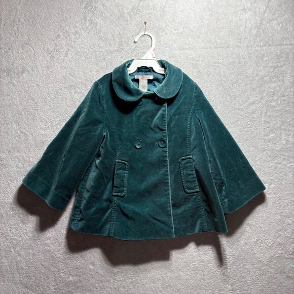Janie & Jack Girls Double Breasted Teal Velvet Pea Coat Size 2-3 Years 2T 3T - Picture 1 of 5